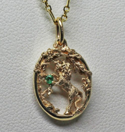 Golden Unicorn emerald pendant in 14K