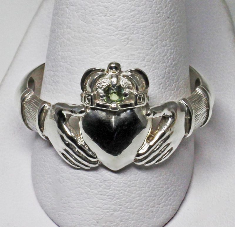 Irish silver Mans Claddagh ring with peridot