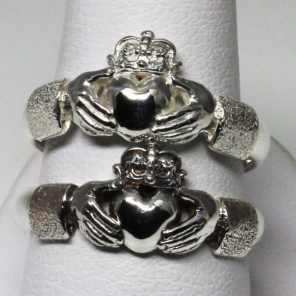 Irish silver woman's Claddagh ring size 8 shown in oxidized and bright finishes