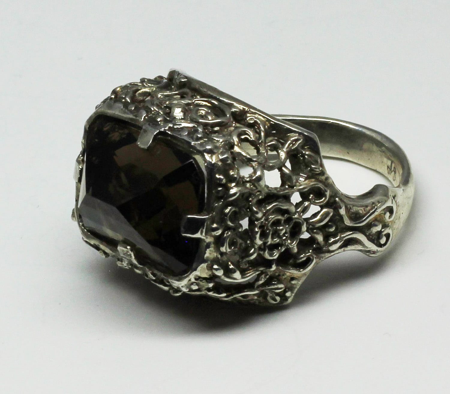 Tudor Bishops Ring size 9. set with a faceted smoky quartz