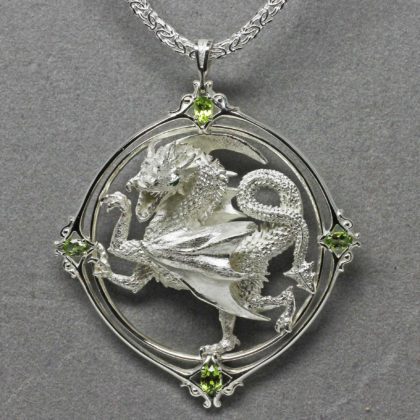 Dragon Peridot Pendant silver with emerald eyes.
