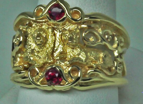 Lions & Dragon ring in 18 and 14K with natural rubies