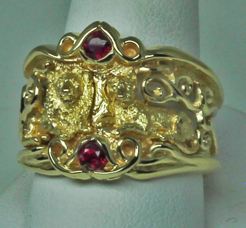 Lions & Dragon ring in 18 and 14K with natural rubies